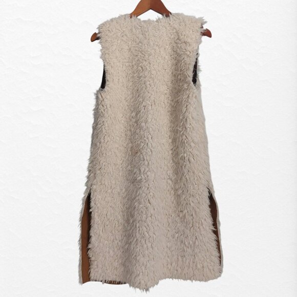 Long Faux Fur Vest Size M Boho Chic Winter White Brown Faux Suede Open Front EUC - Picture 4 of 10